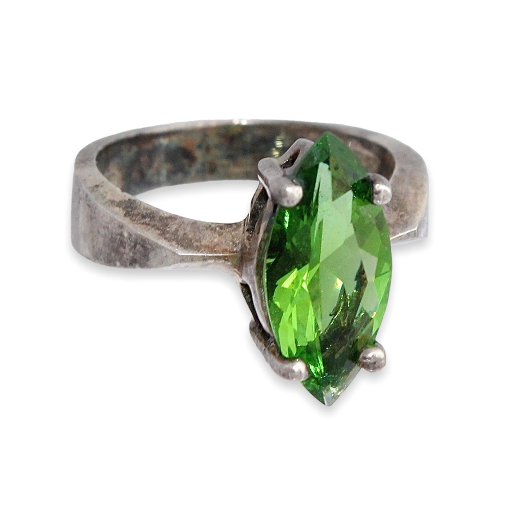 Vintage Badavici Marquise Emerald Green Glass Sterling Silver Ring Size 6
